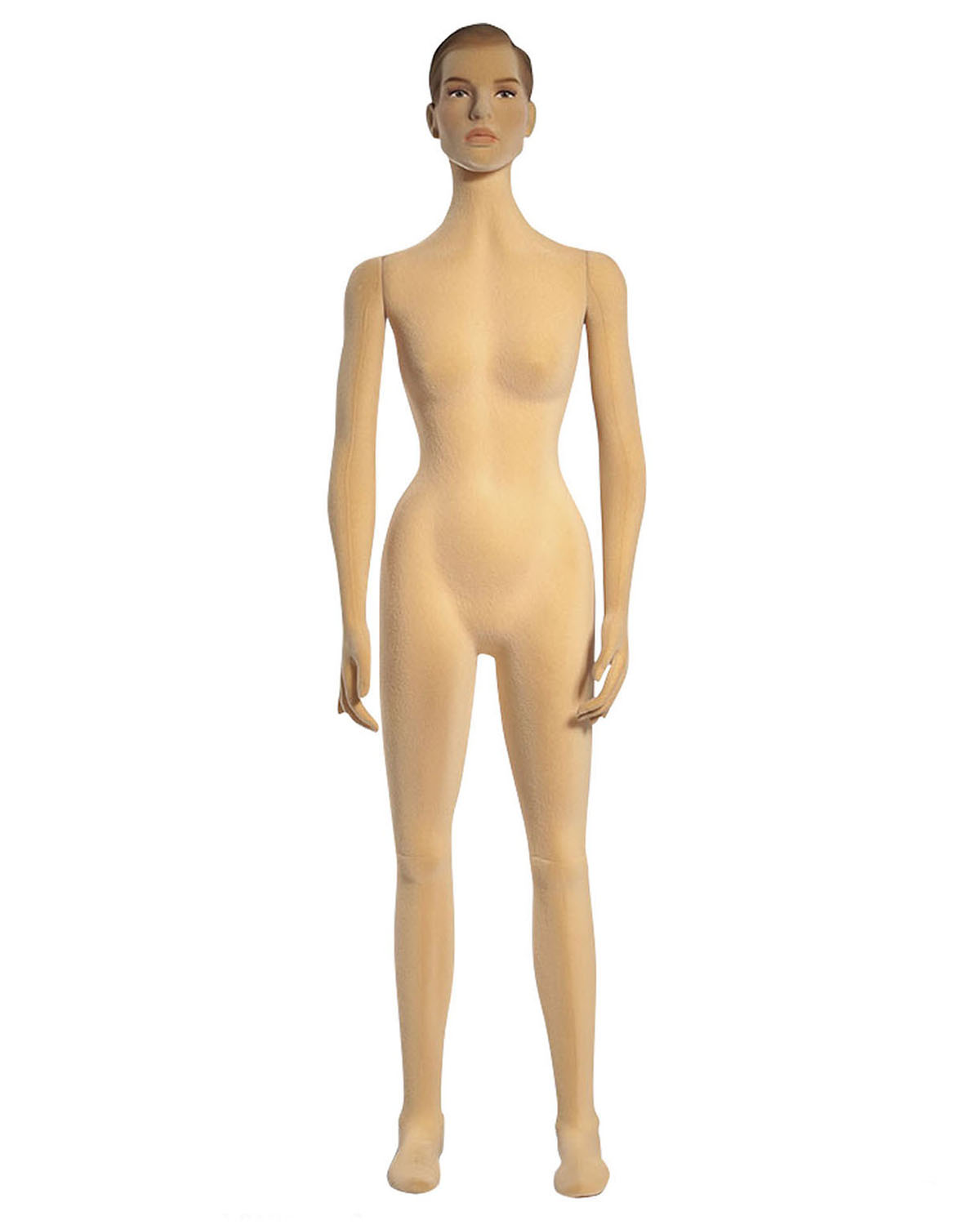 Back to collection summary POLYFLEX GeneralProduct specifications 110214001002010 Flexible female mannequin with sculpted hair, collection Polyflex, flocked in skin colour with make-up, round metal base to be ordered separately